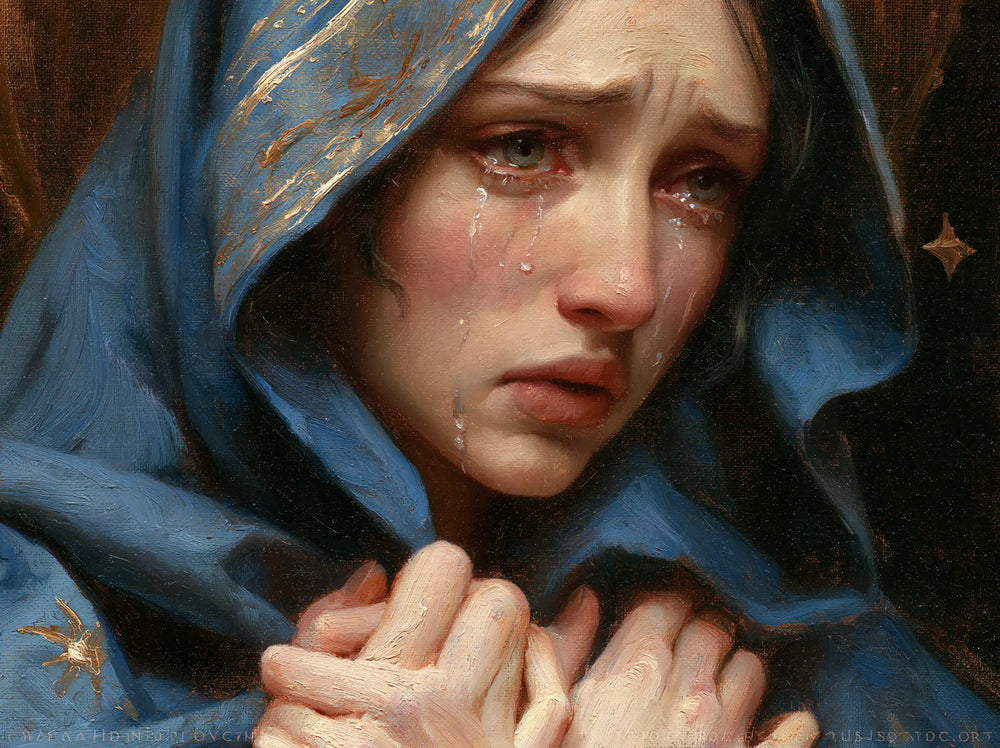 Mary experiencing profound maternal sorrow in Profound Maternal Sorrow style, landscape Christian artwork no. 6