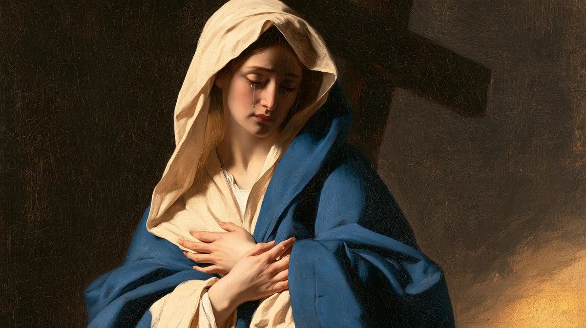 Our Lady of Sorrows between grief and hope in Sorrow and Hope style, landscape Christian artwork no. 12