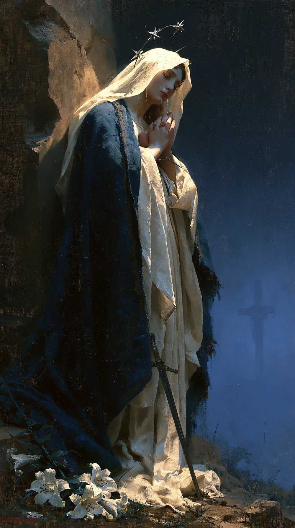 Our Lady of Sorrows in a symbolist composition in Symbolist style, portrait Christian artwork no. 4
