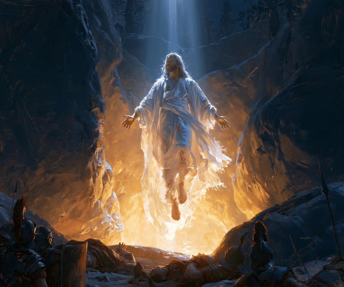 Resurrection of Jesus Christ in Midnight-blue Chiaroscuro style, landscape Christian artwork no. 3