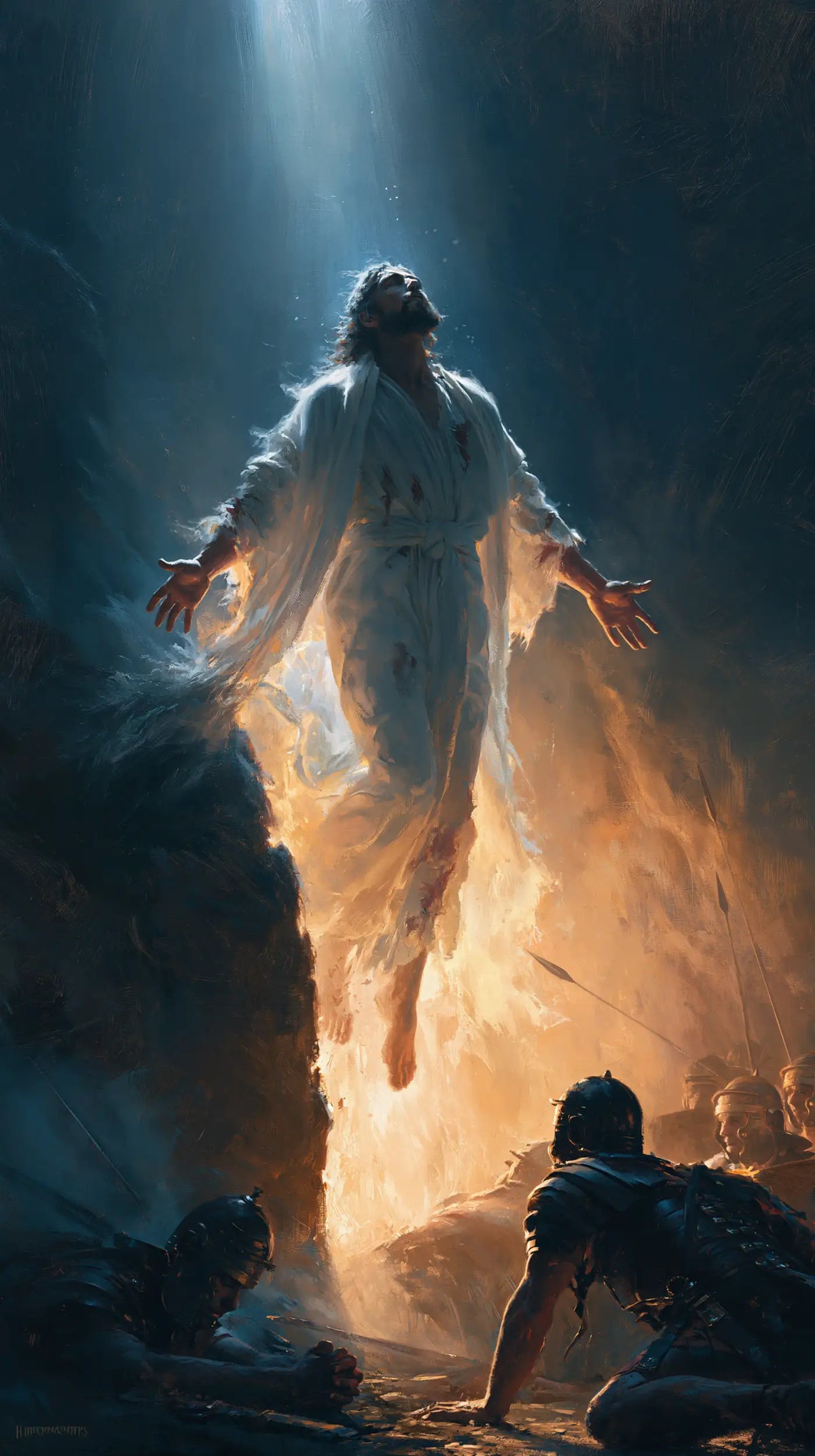 Resurrection of Jesus Christ in Midnight-blue Chiaroscuro style, portrait Christian artwork no. 9