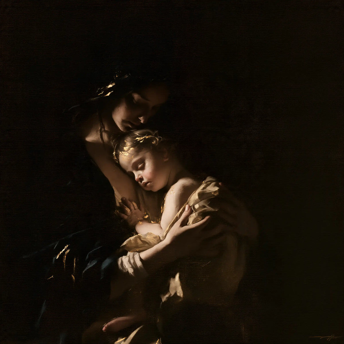 the Virgin Mary holding the Child Jesus in Black and Gold style, square Christian artwork no. 5