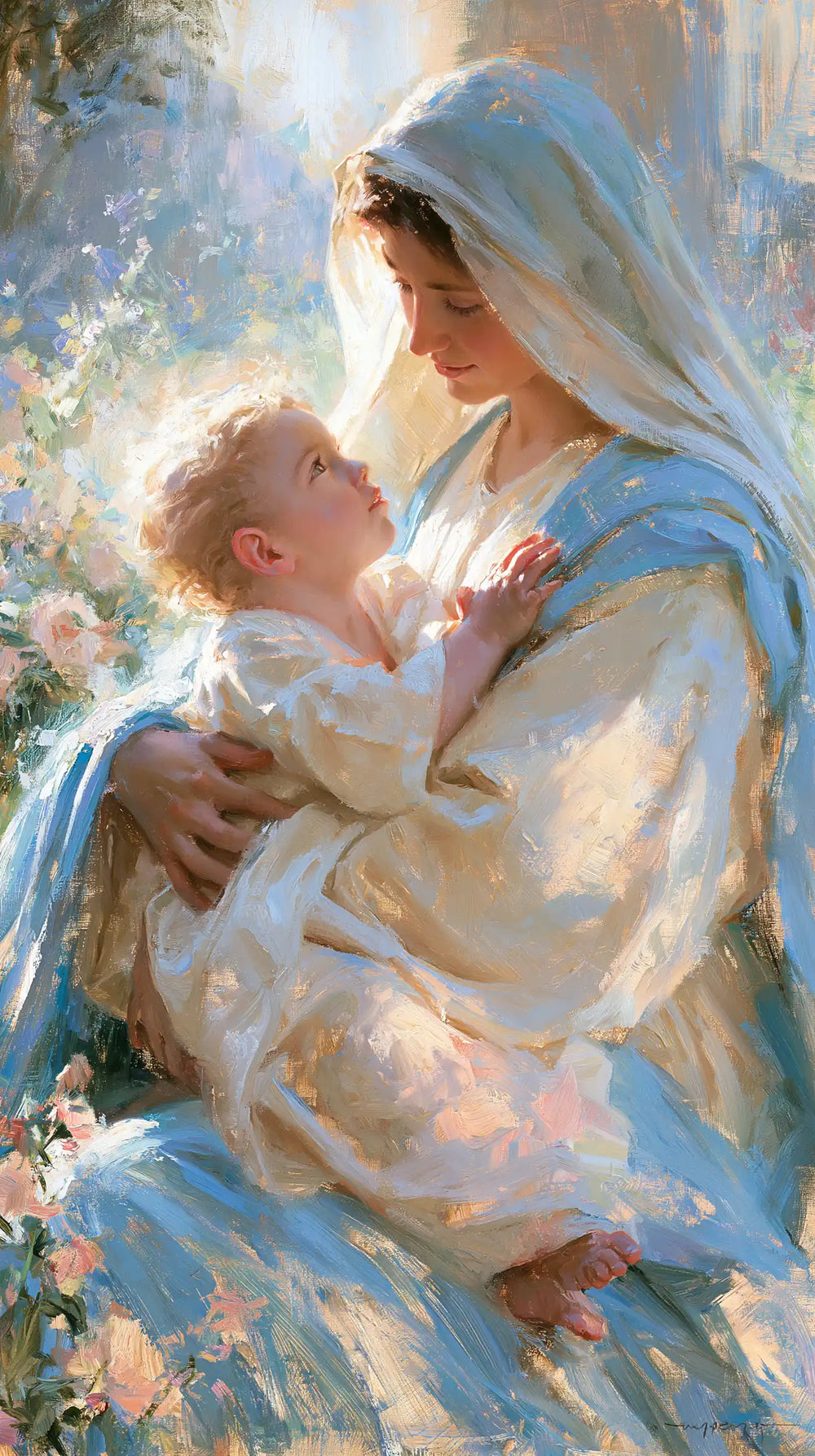 the Virgin Mary and the Child Jesus together in Impressionist style, portrait Christian artwork no. 24