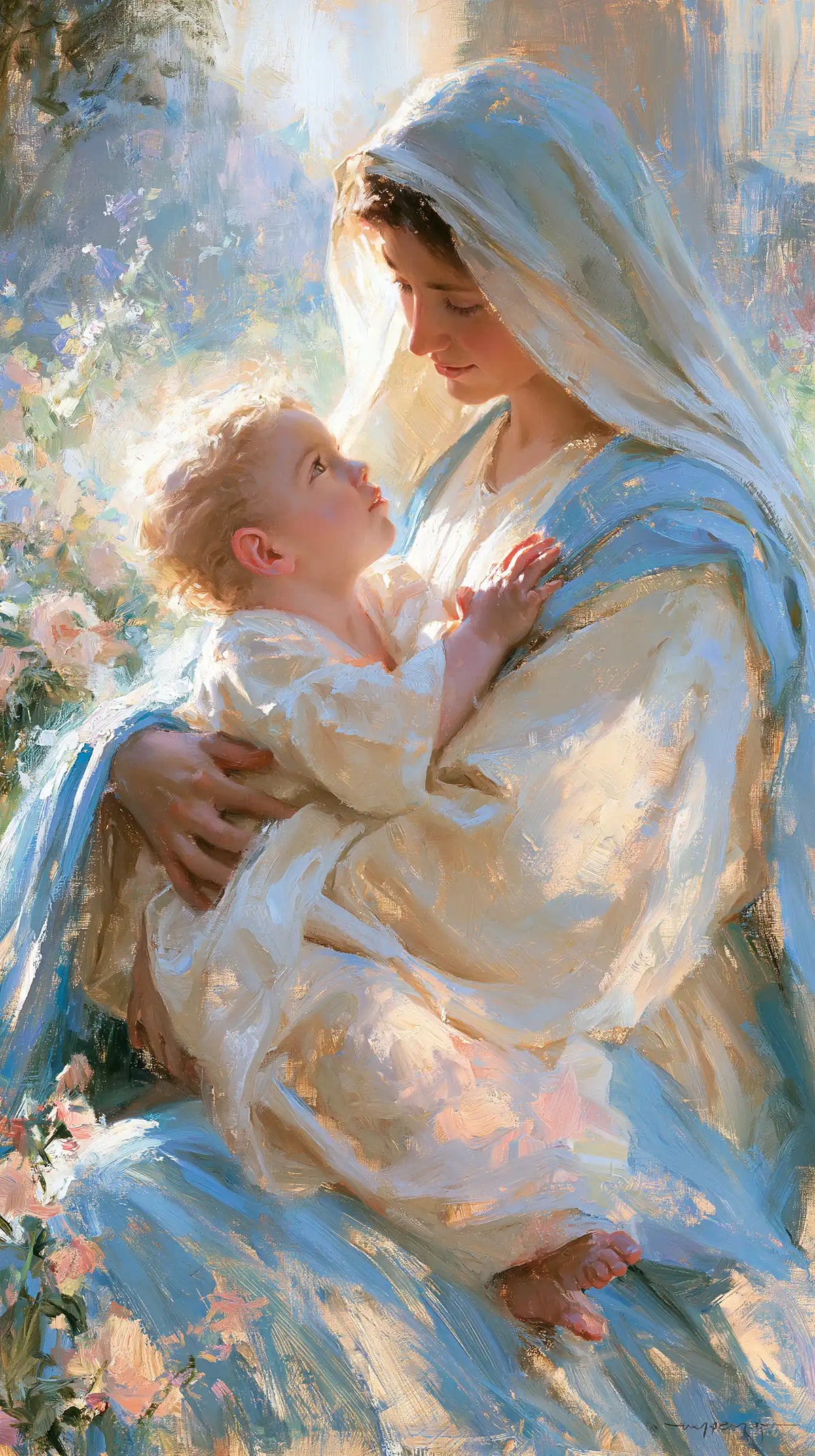 the Virgin Mary and the Child Jesus together in Impressionist style, portrait Christian artwork no. 24
