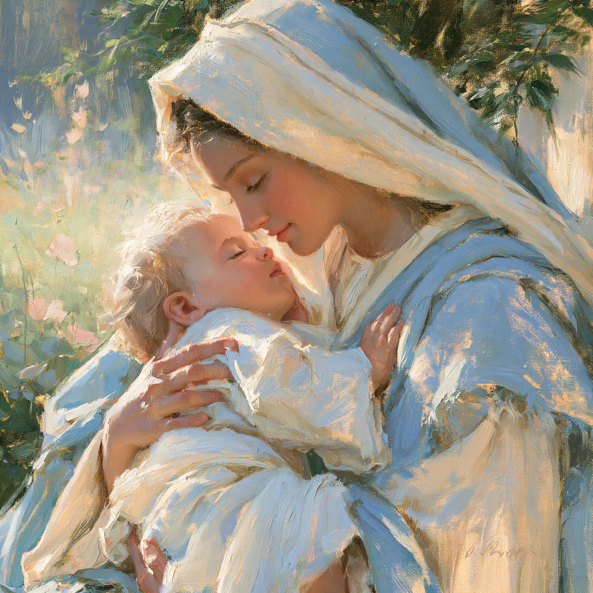 the Virgin Mary and the Child Jesus together in Impressionist style, square Christian artwork no. 3