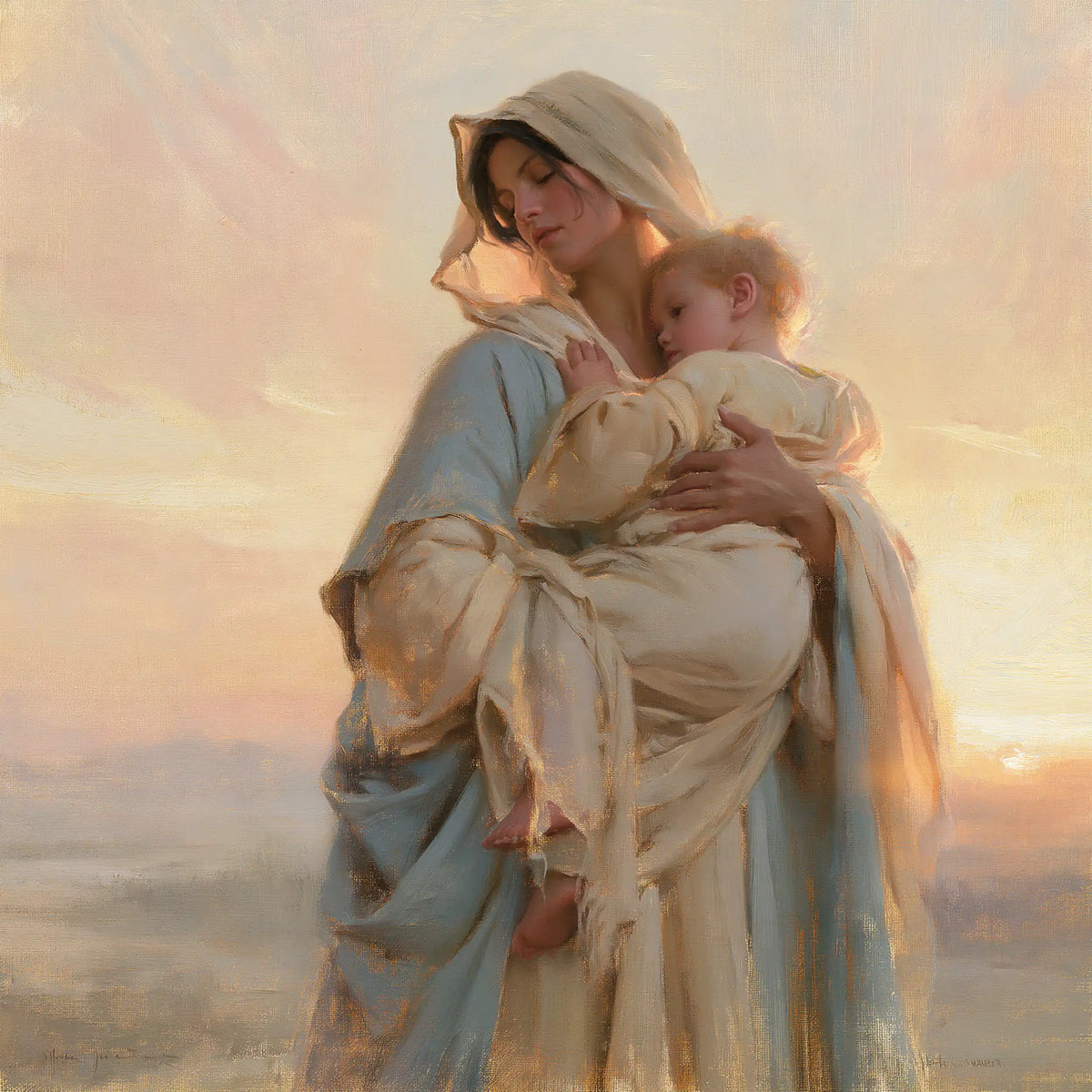 the Virgin Mary and the Child Jesus at dawn in Mary and Jesus at Dawn style, square Christian artwork no. 3
