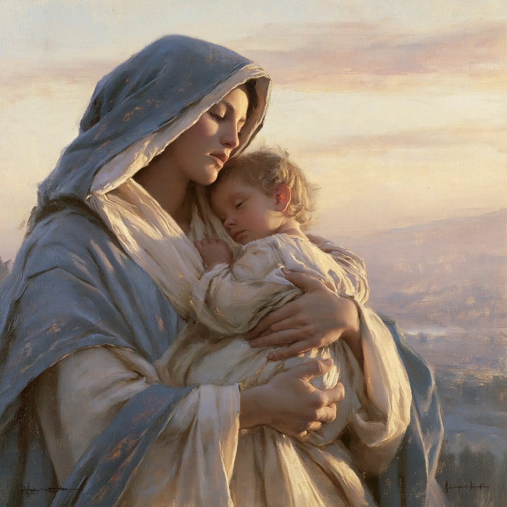 the Virgin Mary and the Child Jesus at dawn in Mary and Jesus at Dawn style, square Christian artwork no. 7