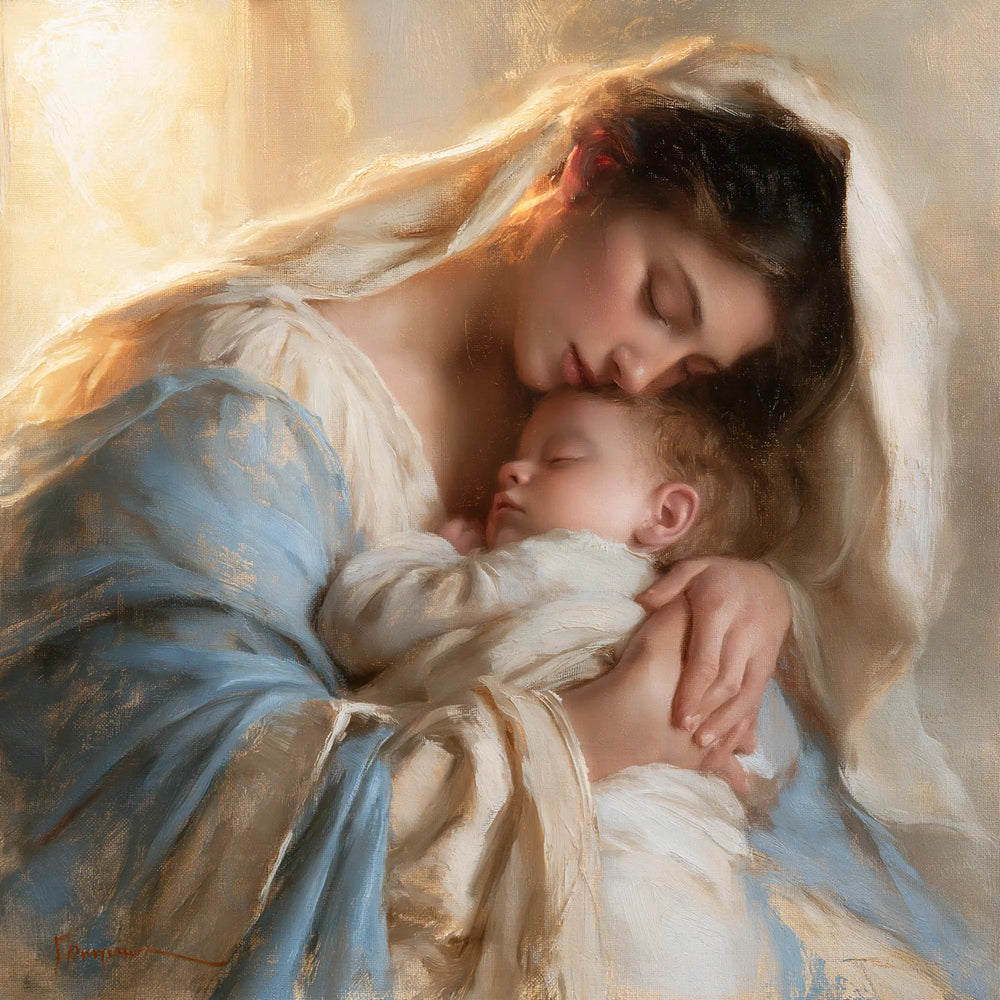 the Virgin Mary embracing the Child Jesus in Mary Embracing the Child Jesus style, square Christian artwork no. 2