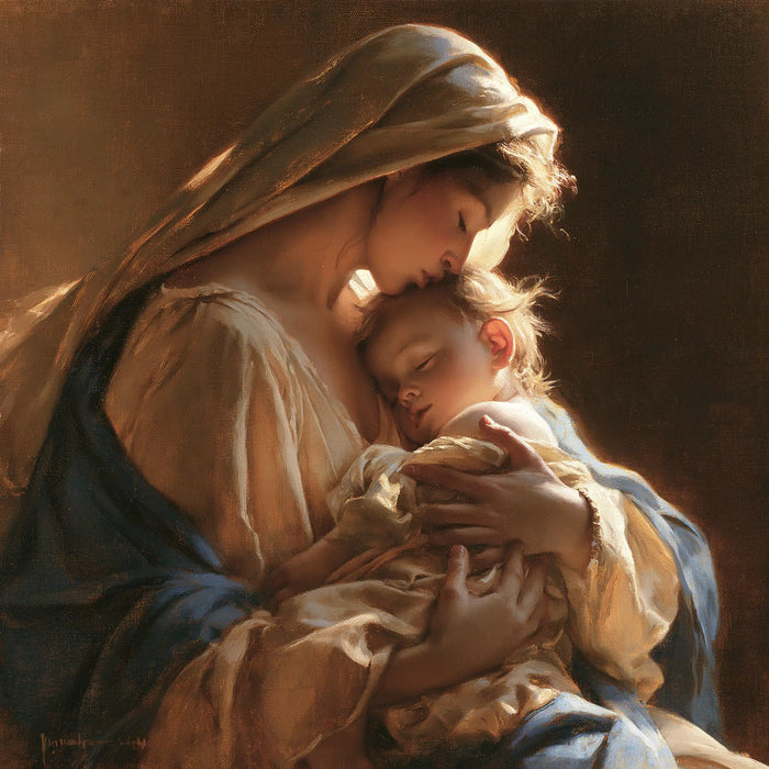 La Vierge à l’Enfant — Le Front paisible sous le voile brun clair