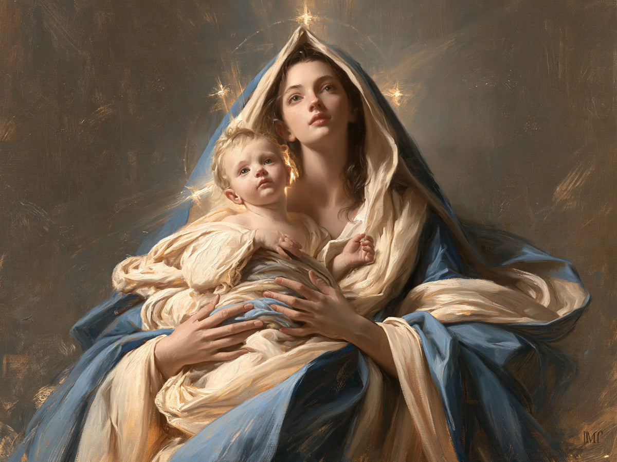 the Virgin Mary presenting the Child Jesus in Mary Presenting the Child Jesus style, landscape Christian artwork no. 10