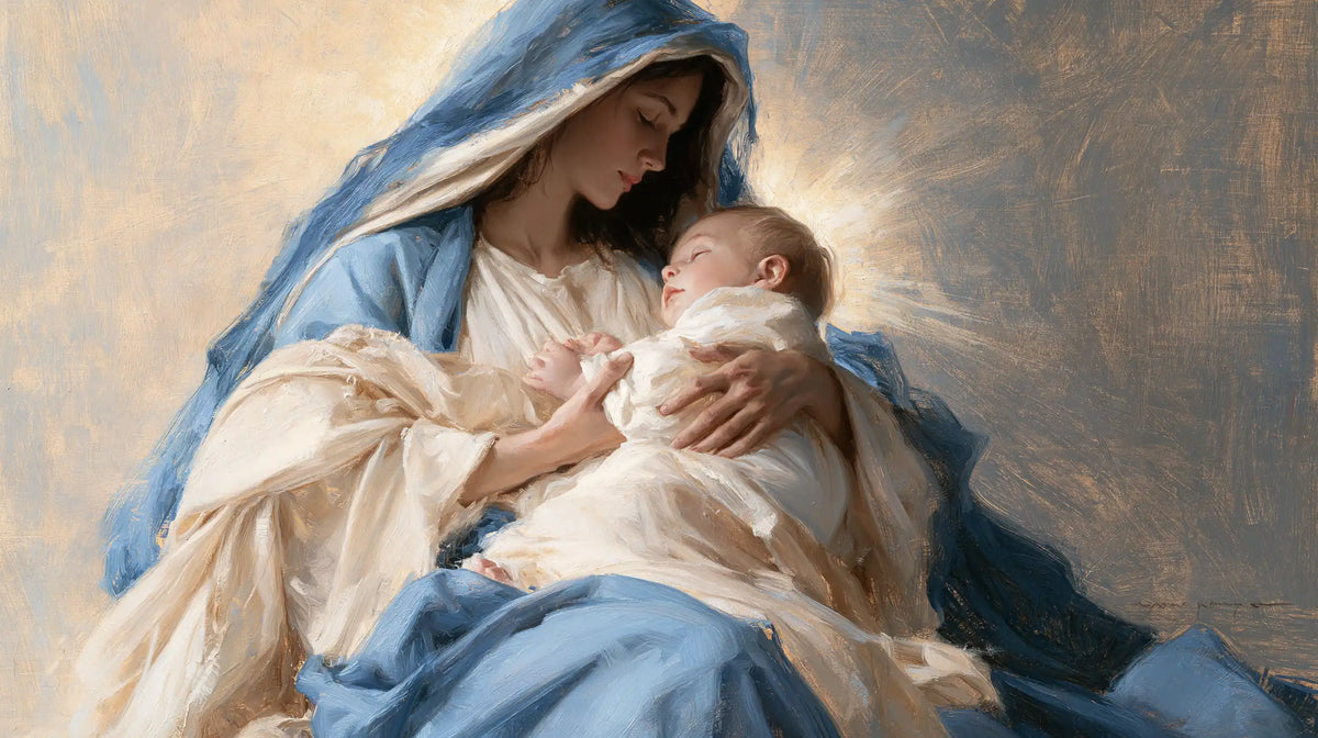 the Virgin Mary presenting the Child Jesus in Mary Presenting the Child Jesus style, landscape Christian artwork no. 13