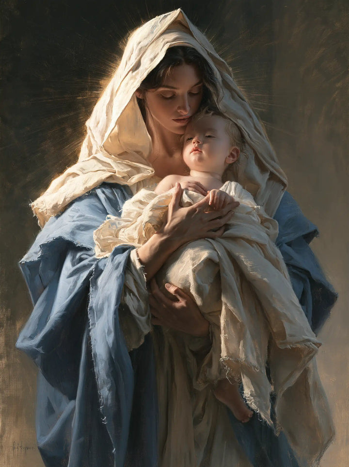 La Vierge à l’Enfant — La Petite Tête levée sous le voile blanc