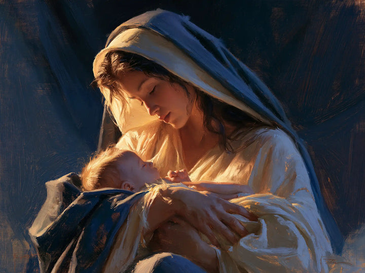 La Vierge à l’Enfant — Le Nourrisson dans la lueur du bleu nuit
