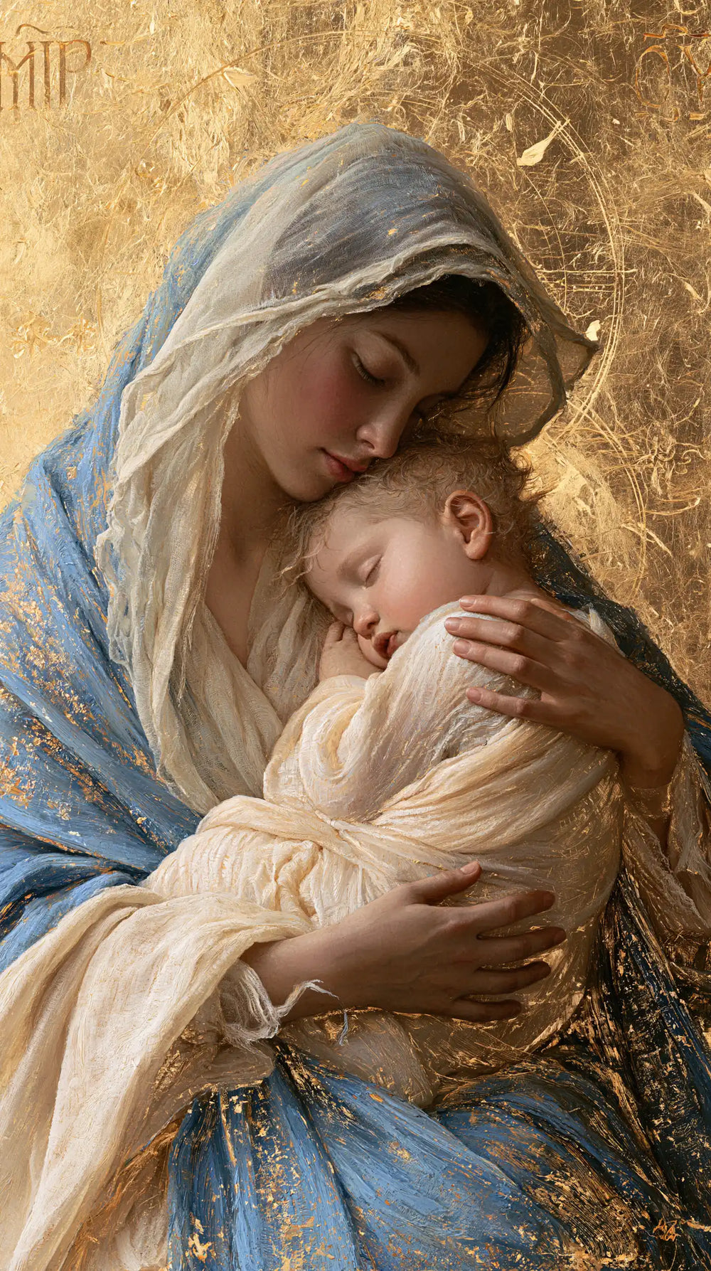 the Virgin Mary with the Child Jesus in Sacred Gold style, portrait Christian artwork no. 4