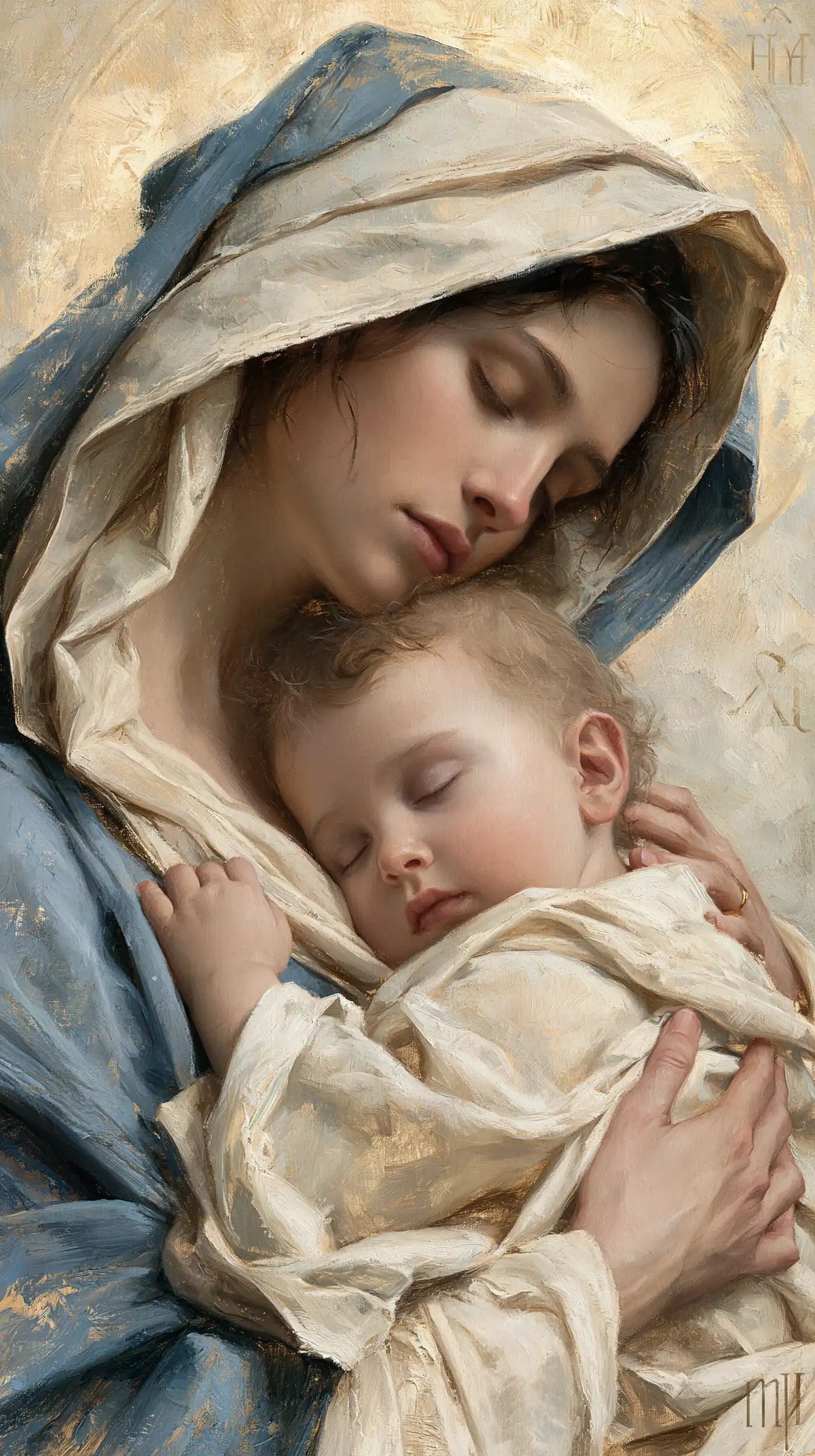 the Virgin Mary sharing a tender moment with the Child Jesus in Sacred Maternal Tenderness style, portrait Christian artwork no. 1
