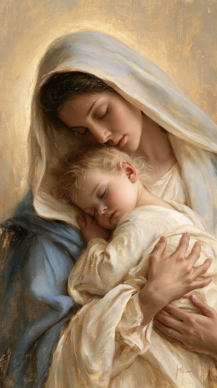La Vierge à l’Enfant — Le Front paisible dans le voile arrondi