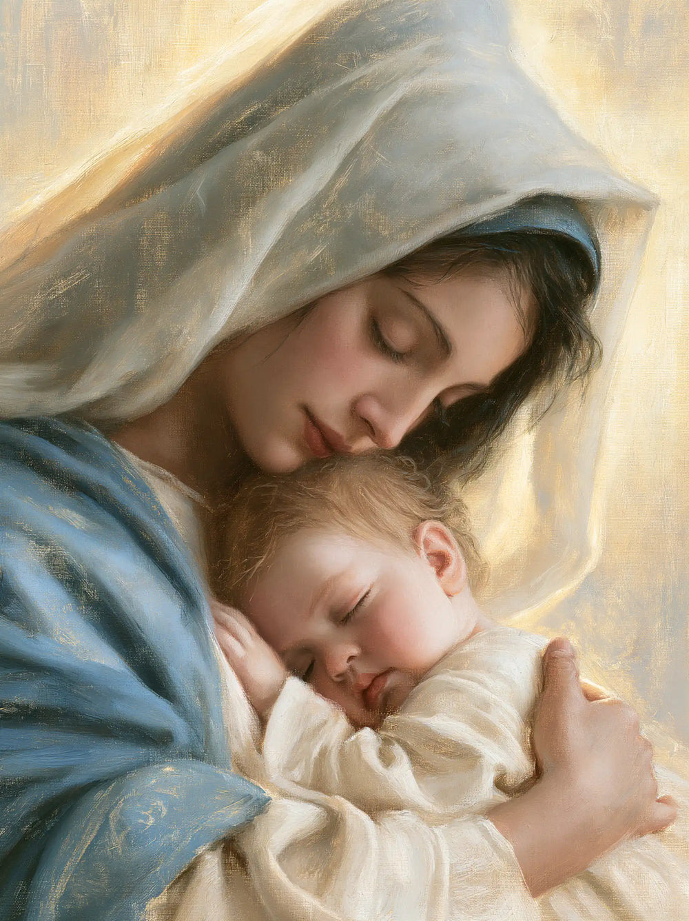 the Virgin Mary sharing a tender moment with the Child Jesus in Sacred Maternal Tenderness style, portrait Christian artwork no. 8
