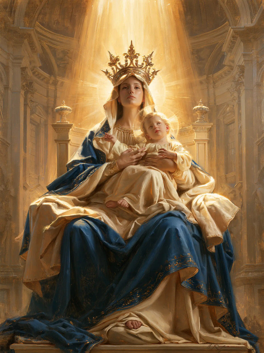 the Virgin Mary and the Child Jesus in a majestic composition in Sacred Monumental View style, portrait Christian artwork no. 35