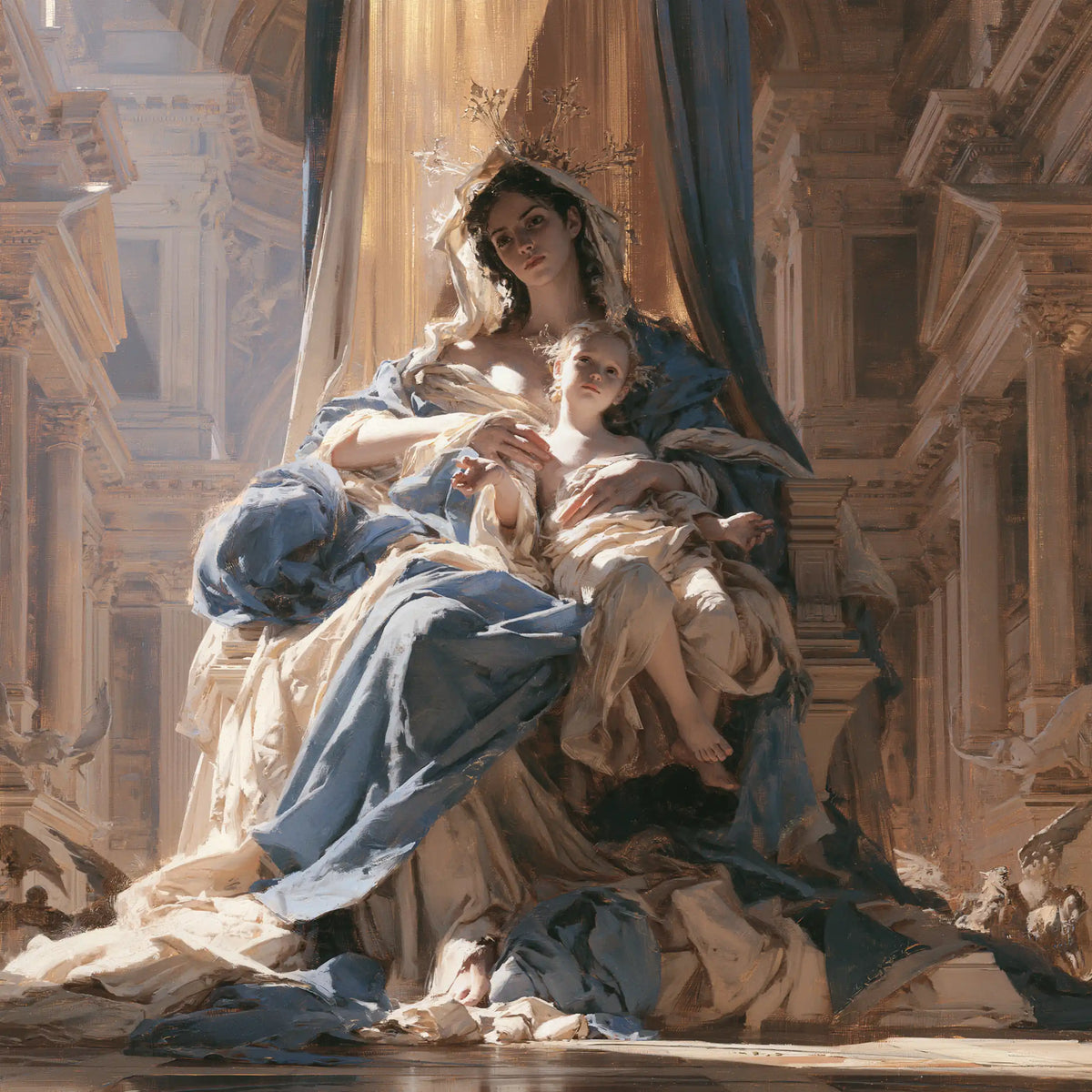 La Vierge à l’Enfant — Le Regard levé parmi les drapés froissés