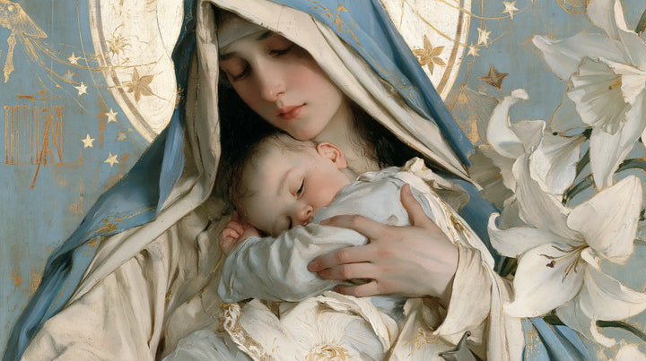 La Vierge à l’Enfant — La Main protectrice parmi les pétales blancs