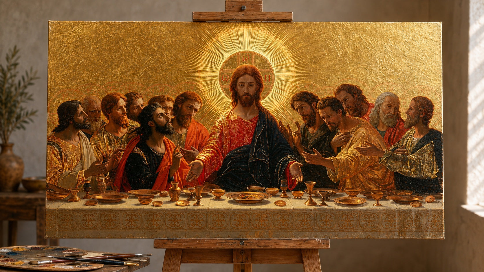La même œuvre d’art de la Cène peinte à la main à l’huile sur une toile non encadrée en studio