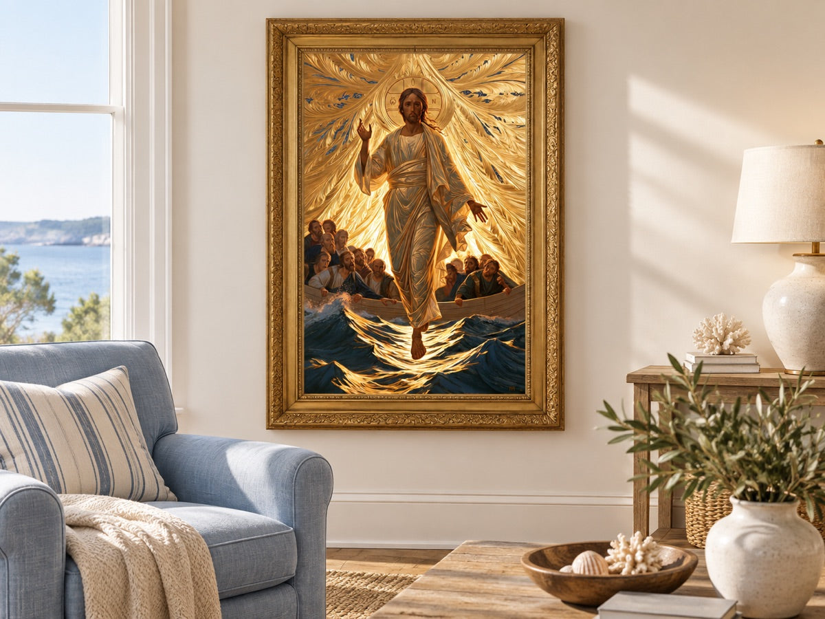 Jésus marchant sur l’eau — mise en scène avec cadre doré