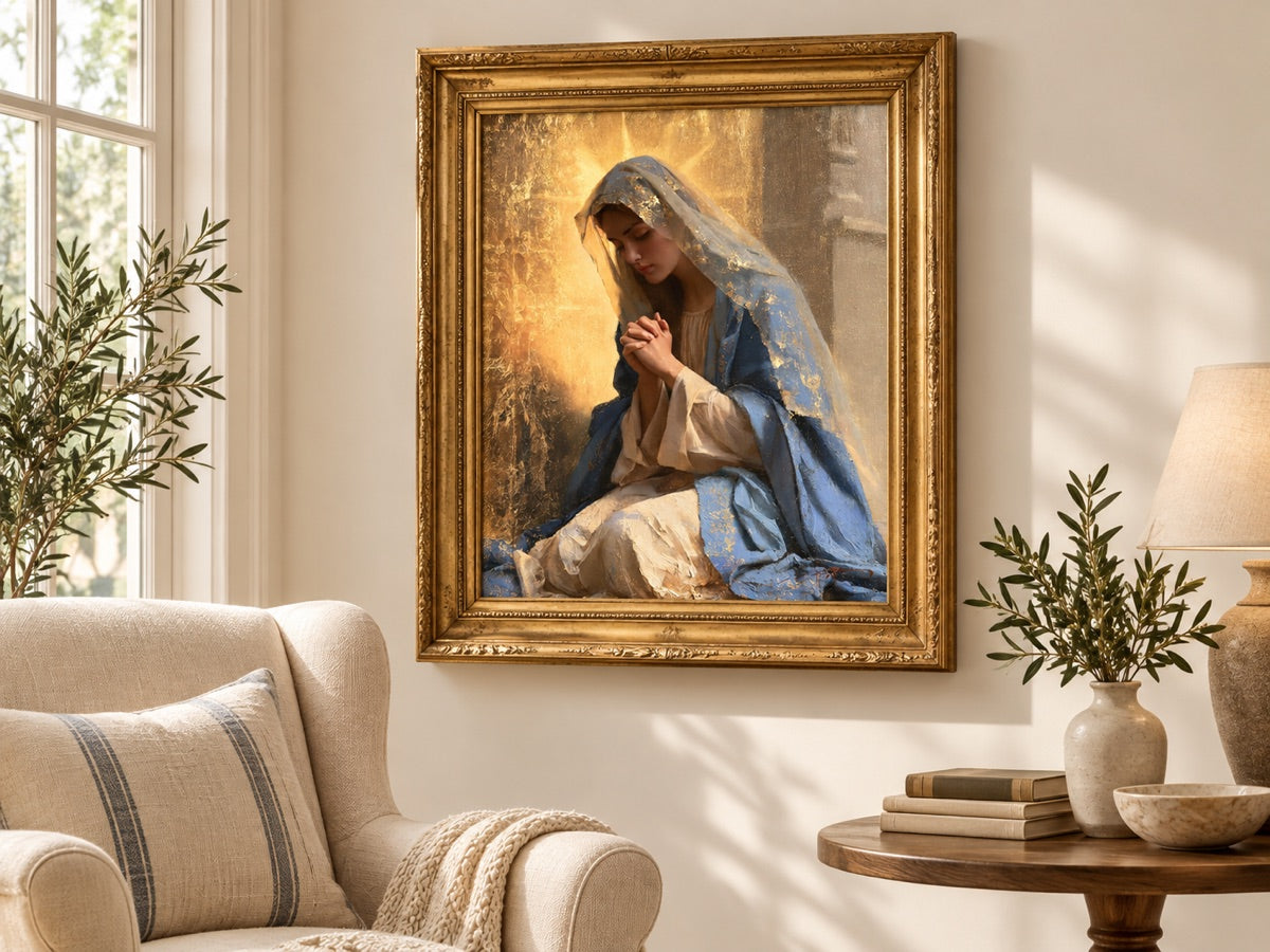 La Vierge Marie en prière — mise en scène avec cadre doré