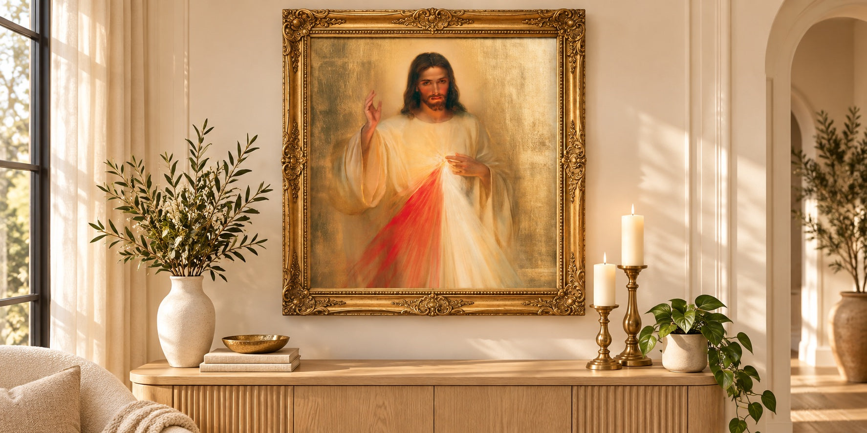 Divine Mercy Jesus — mise en scène d’une peinture Gold dans un cadre doré