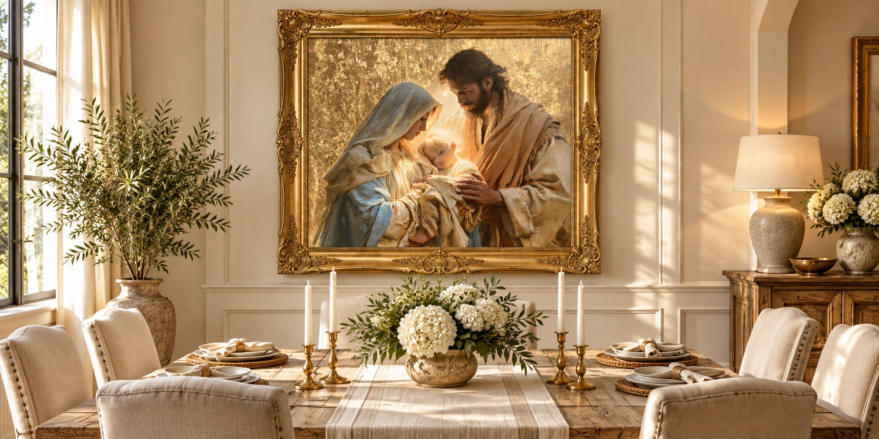 The Holy Family — mise en scène d’une peinture Gold dans un cadre doré