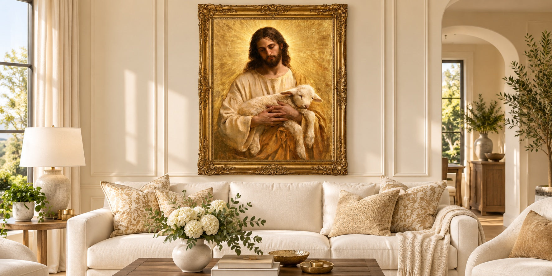 Jesus and the Lamb — mise en scène d’une peinture Gold dans un cadre doré