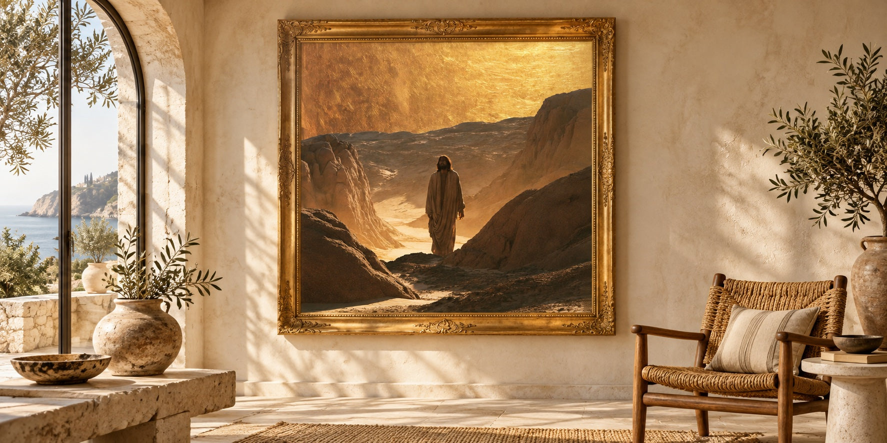 Jesus in the Desert — mise en scène d’une peinture Gold dans un cadre doré