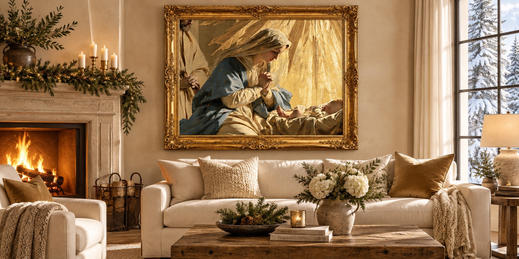 The Nativity — mise en scène d’une peinture Gold dans un cadre doré