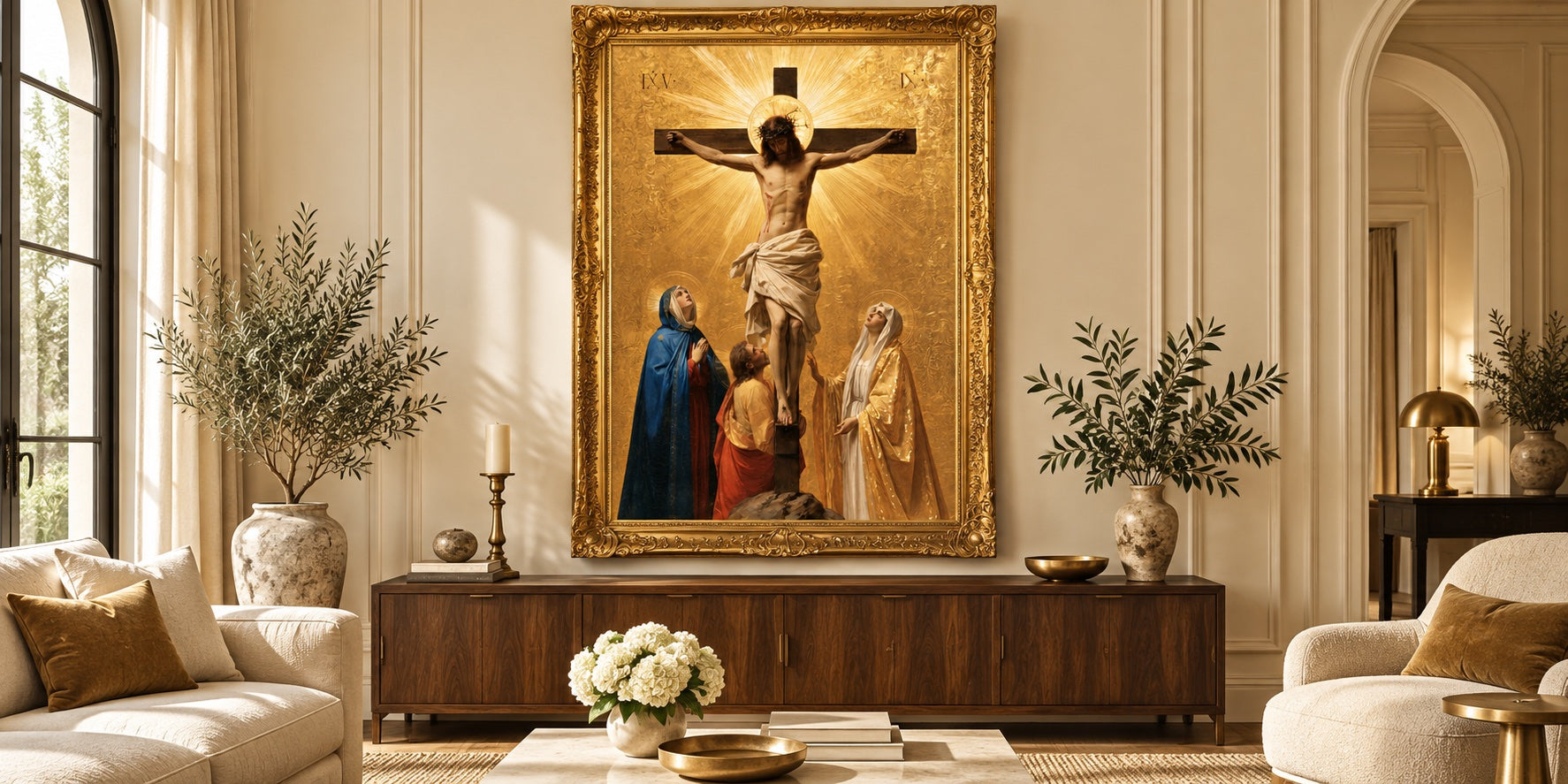 La Crucifixion — mise en scène d’une peinture Gold dans un cadre doré