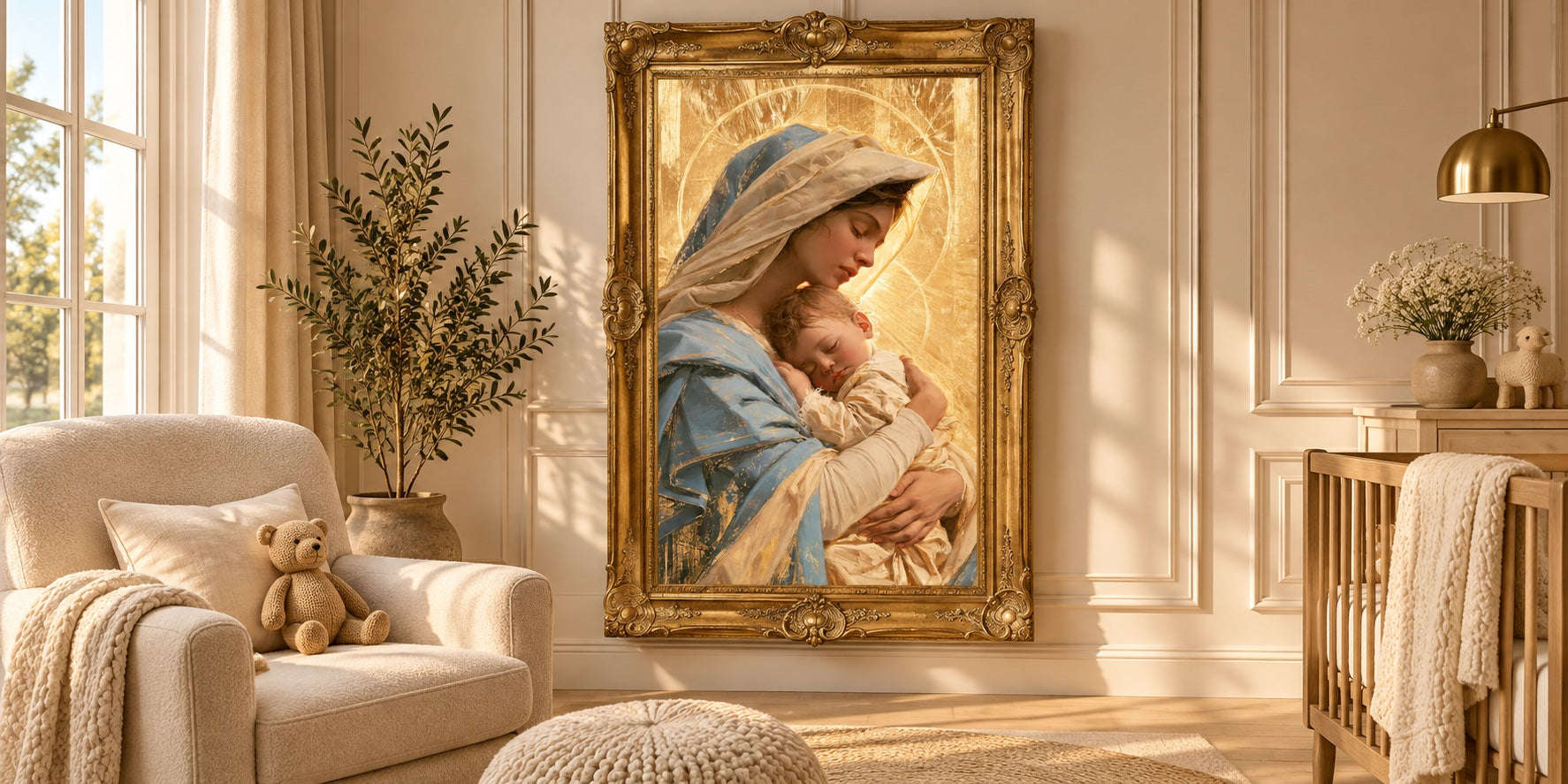 La Vierge à l’Enfant — mise en scène d’une peinture Gold dans un cadre doré