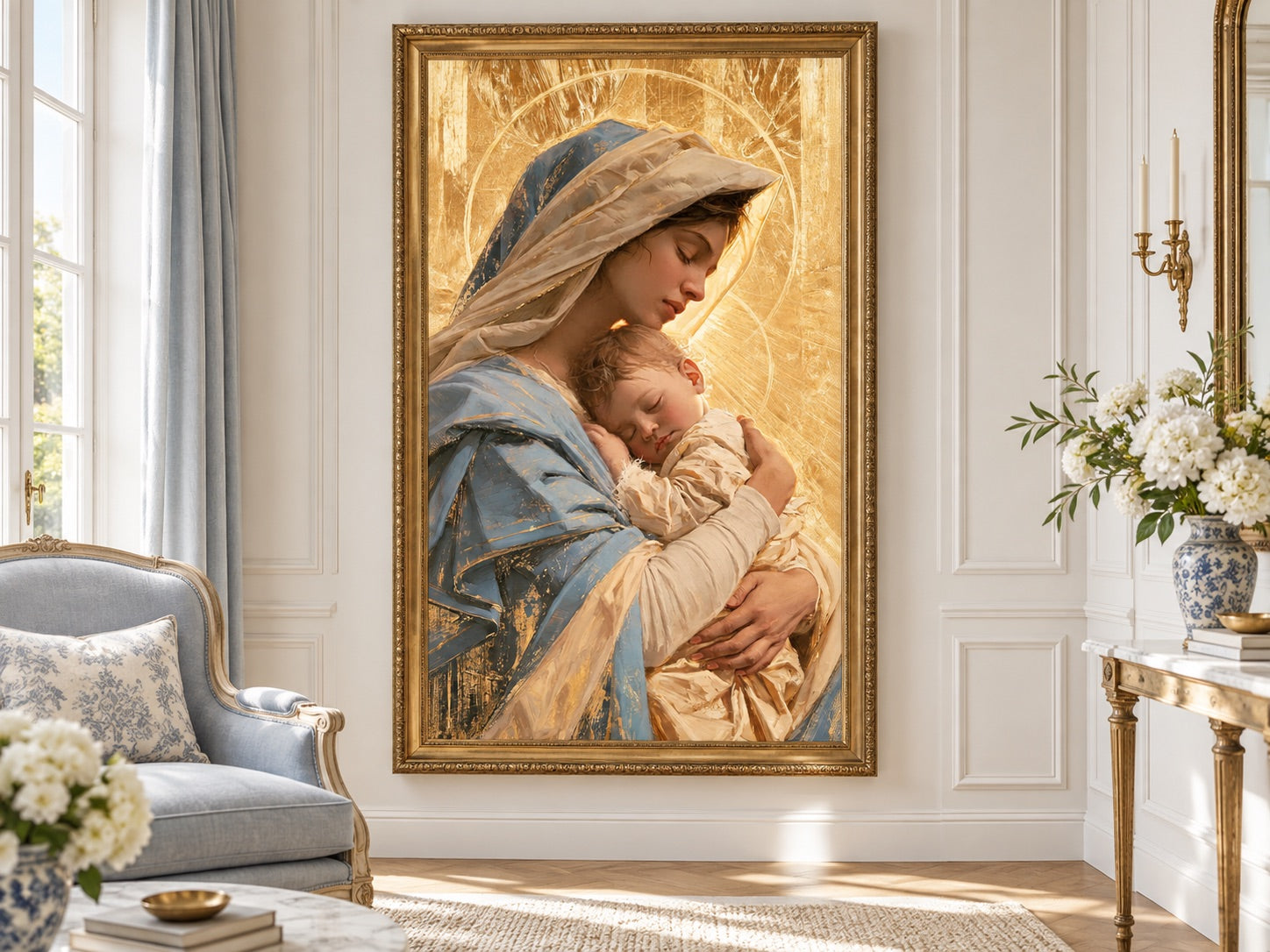 La Vierge à l’Enfant — mise en scène avec cadre doré